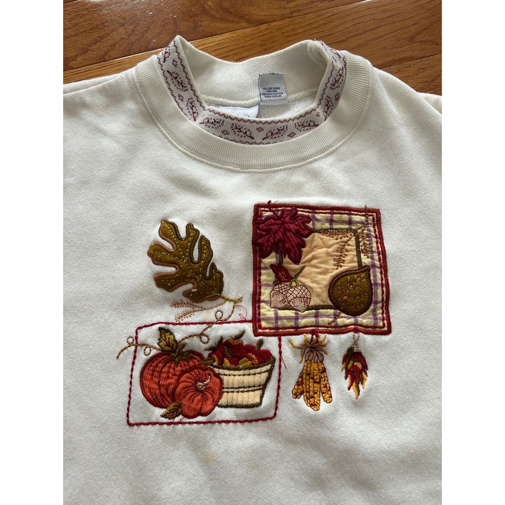 Bobbie Brooks Vintage Autumn Embroidered Sweatshirt Cream XL Fall Pumpkin Leaf